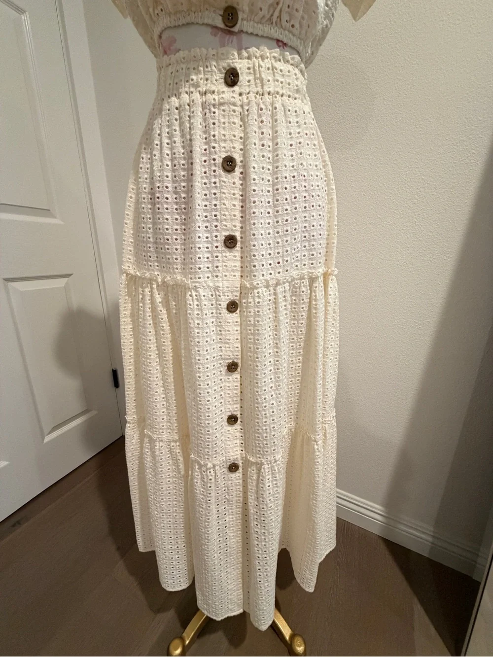 Eberjey Cream Eyelet Tiered Button-Front Maxi Skirt